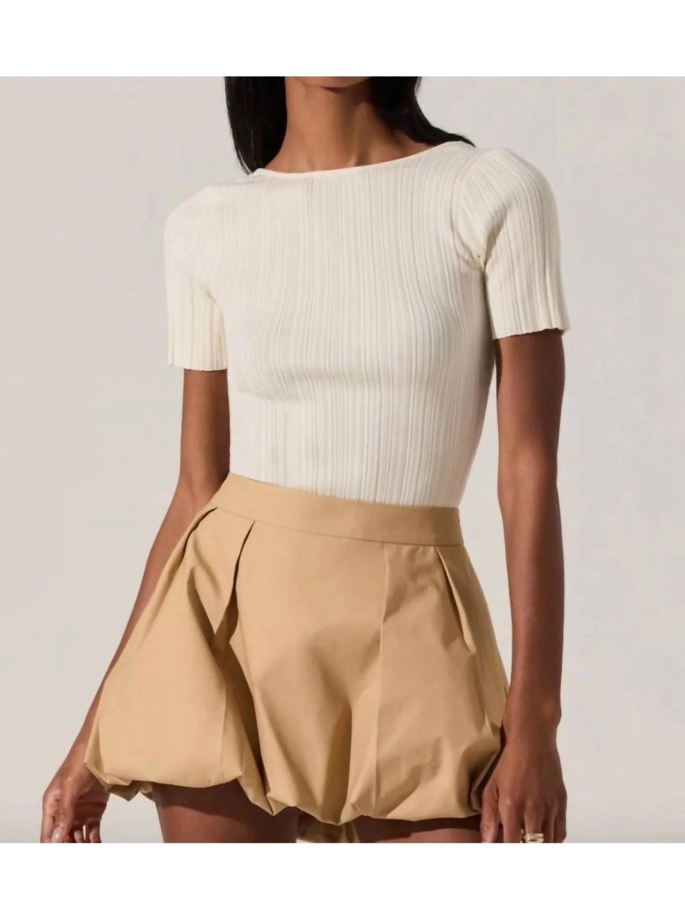 Astr Cream Short Sleeve Nikola Ribbed Knit Top